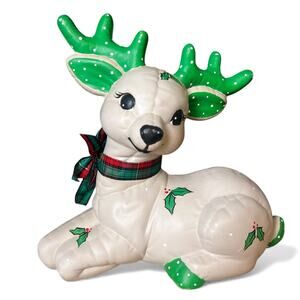 Vintage Ceramic Reindeer Christmas Decor Hand Painted 8” Kimple Quilted kitschy